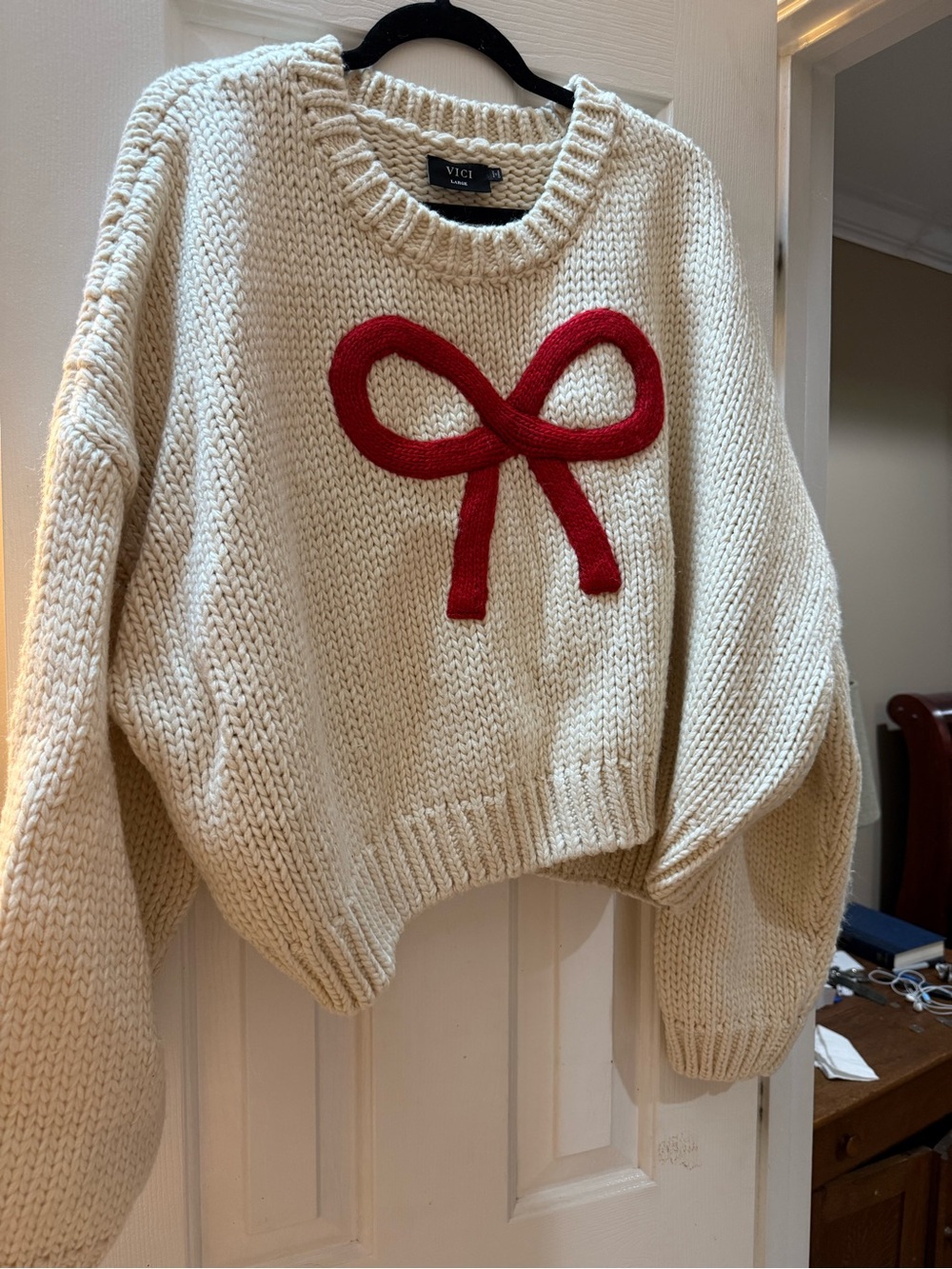 VICI Cream Chunky Knit Sweater with Red Bow Applique
